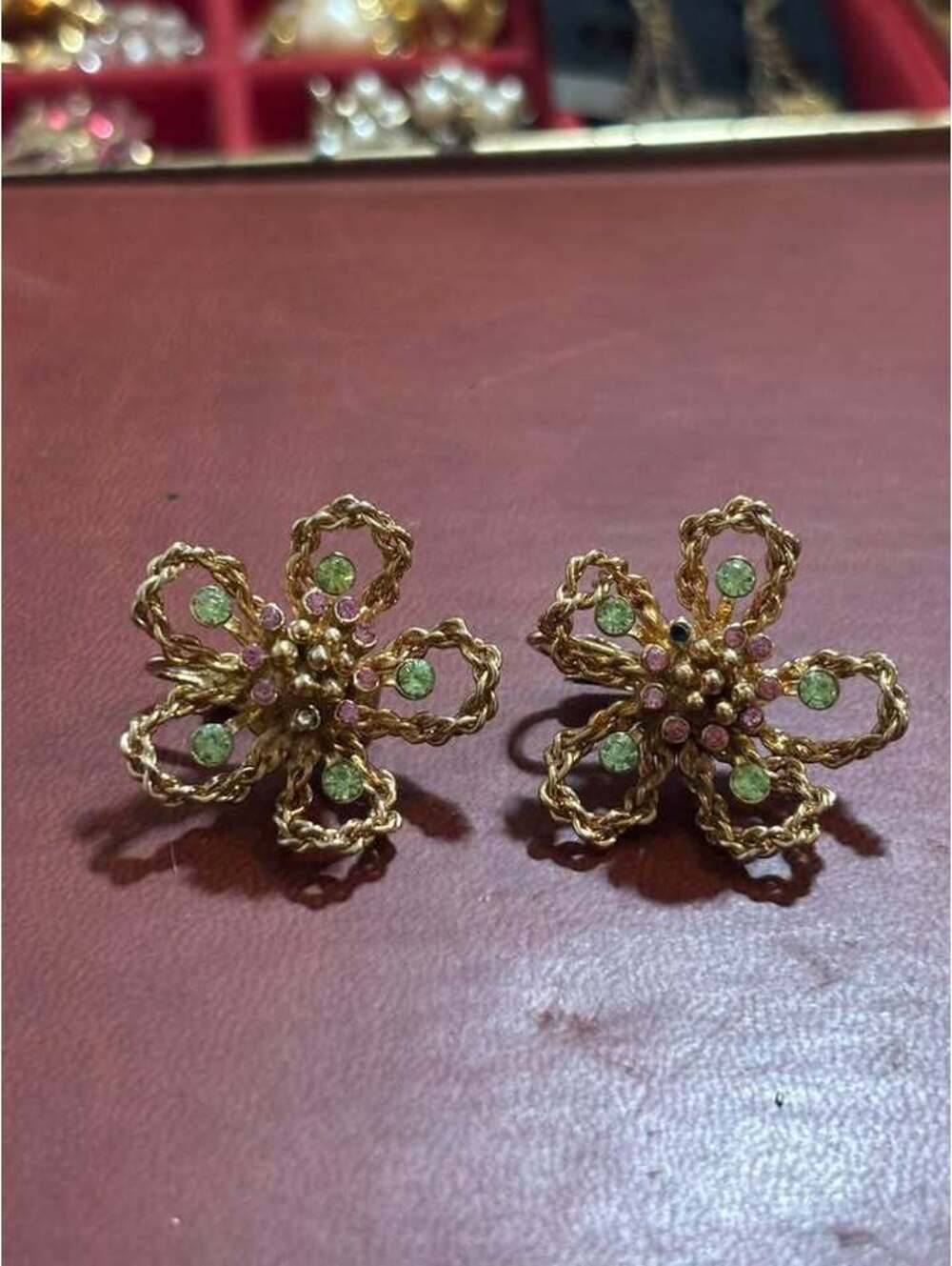 Vintage Lisner Gold Tone Flower Clip-On Earrings with Pink and Green Rhinestones